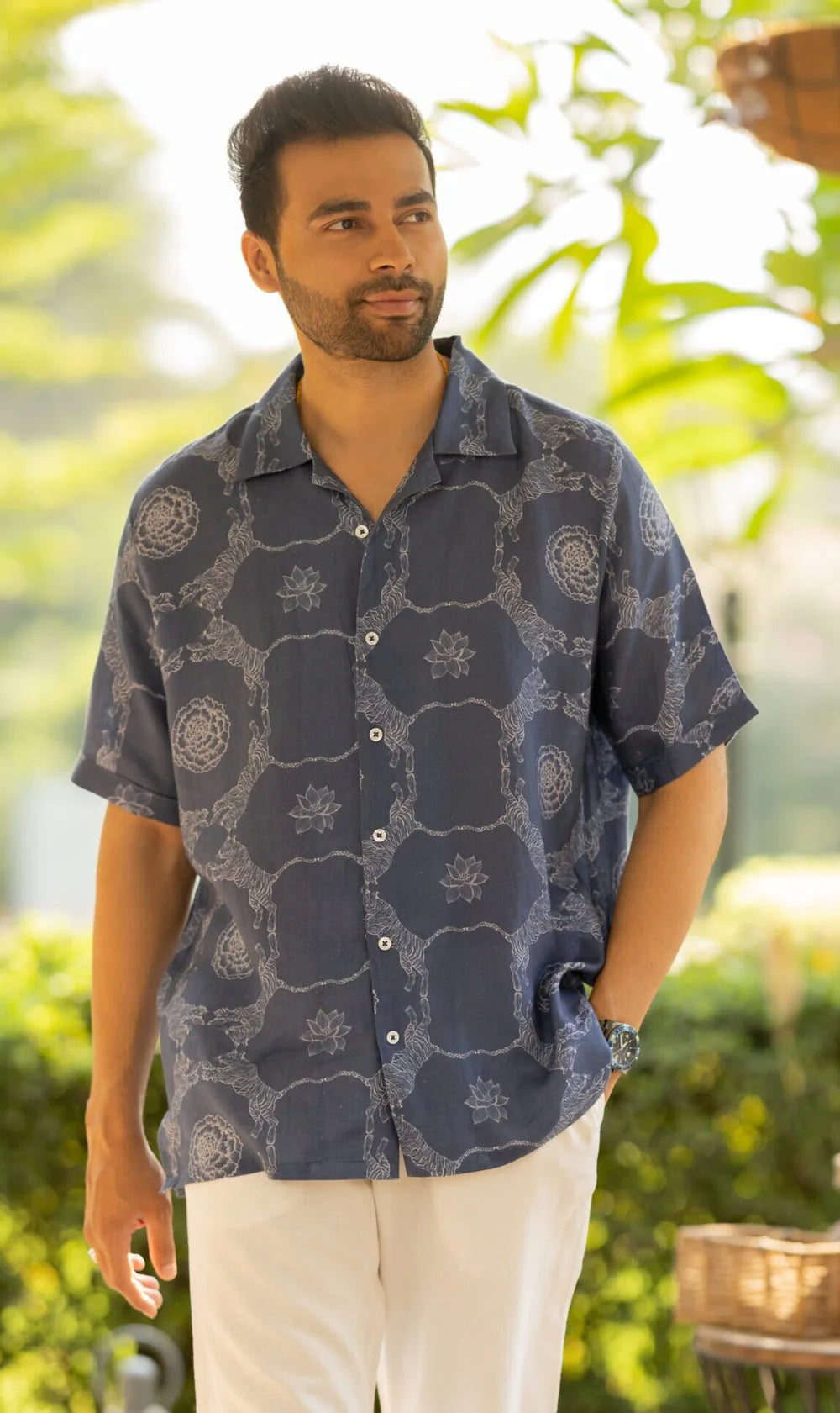 Men's Shawl Collar Shirt - Banaras - Blue Tiger