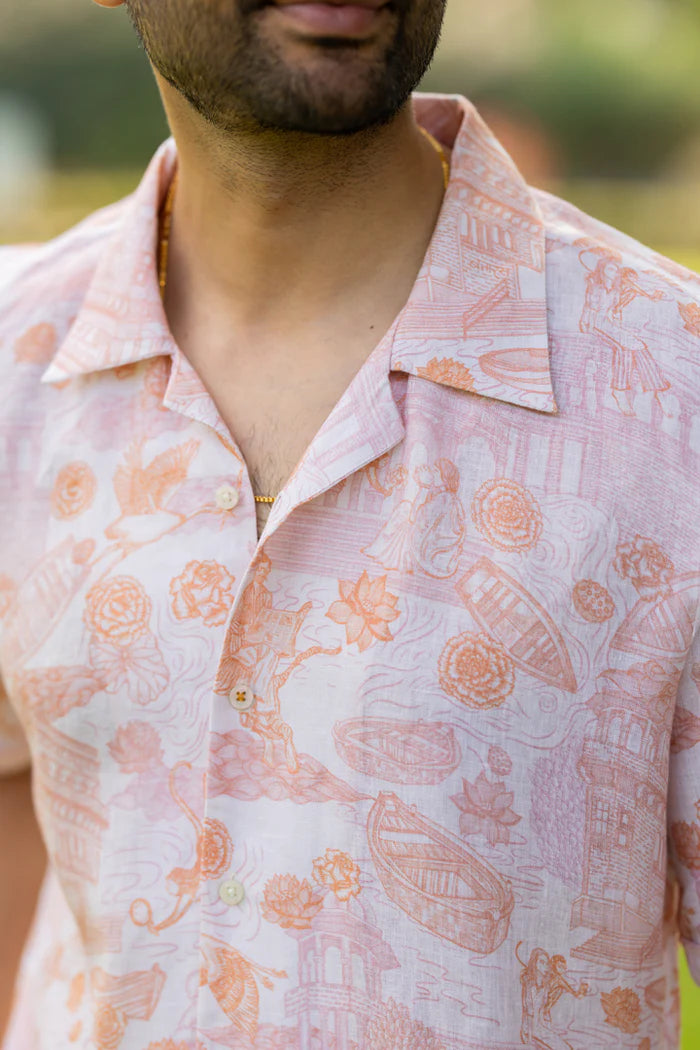 Men's Shawl Collar Shirt - Banaras - Orange