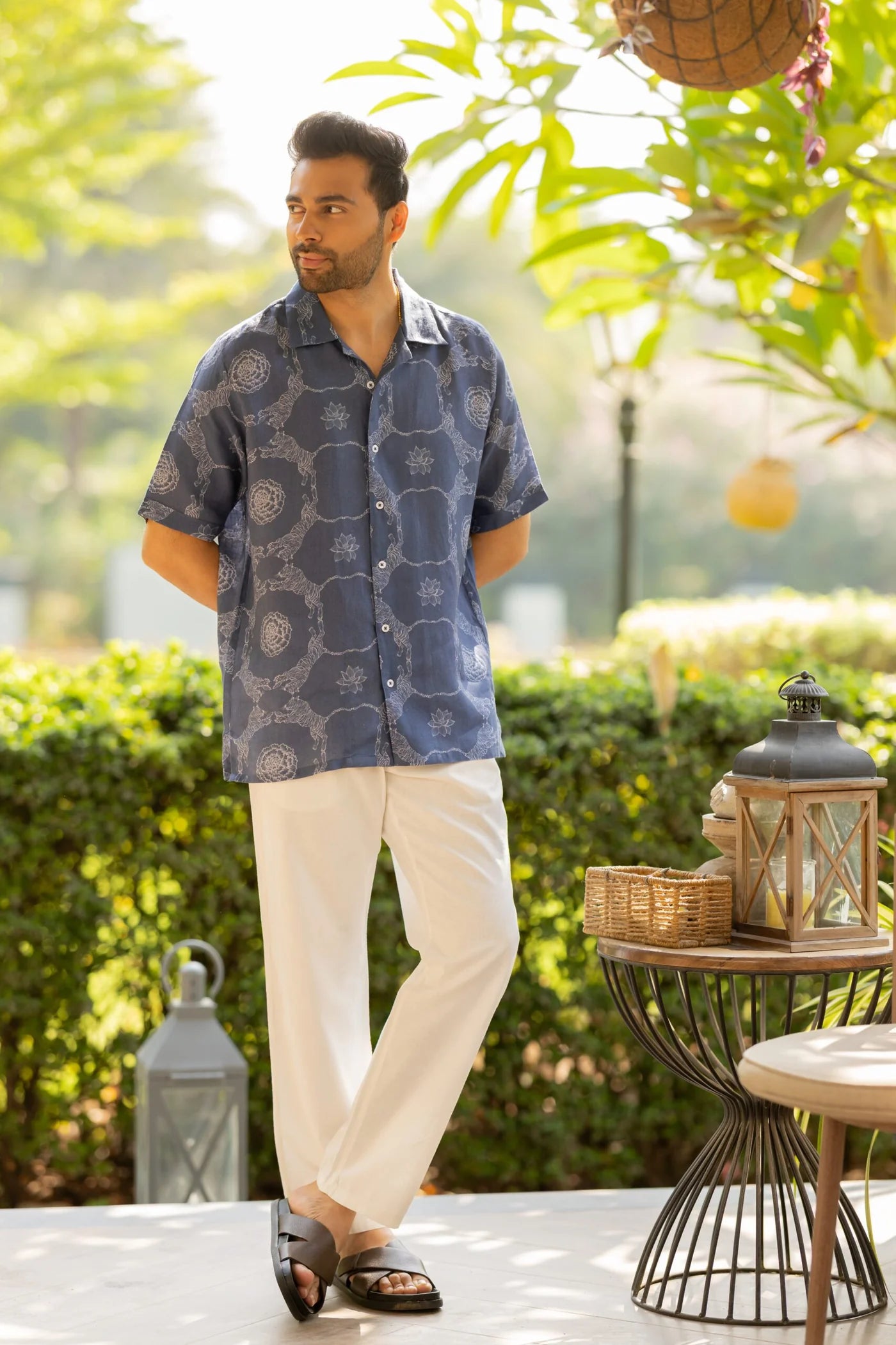 Men's Shawl Collar Shirt - Banaras - Blue Tiger