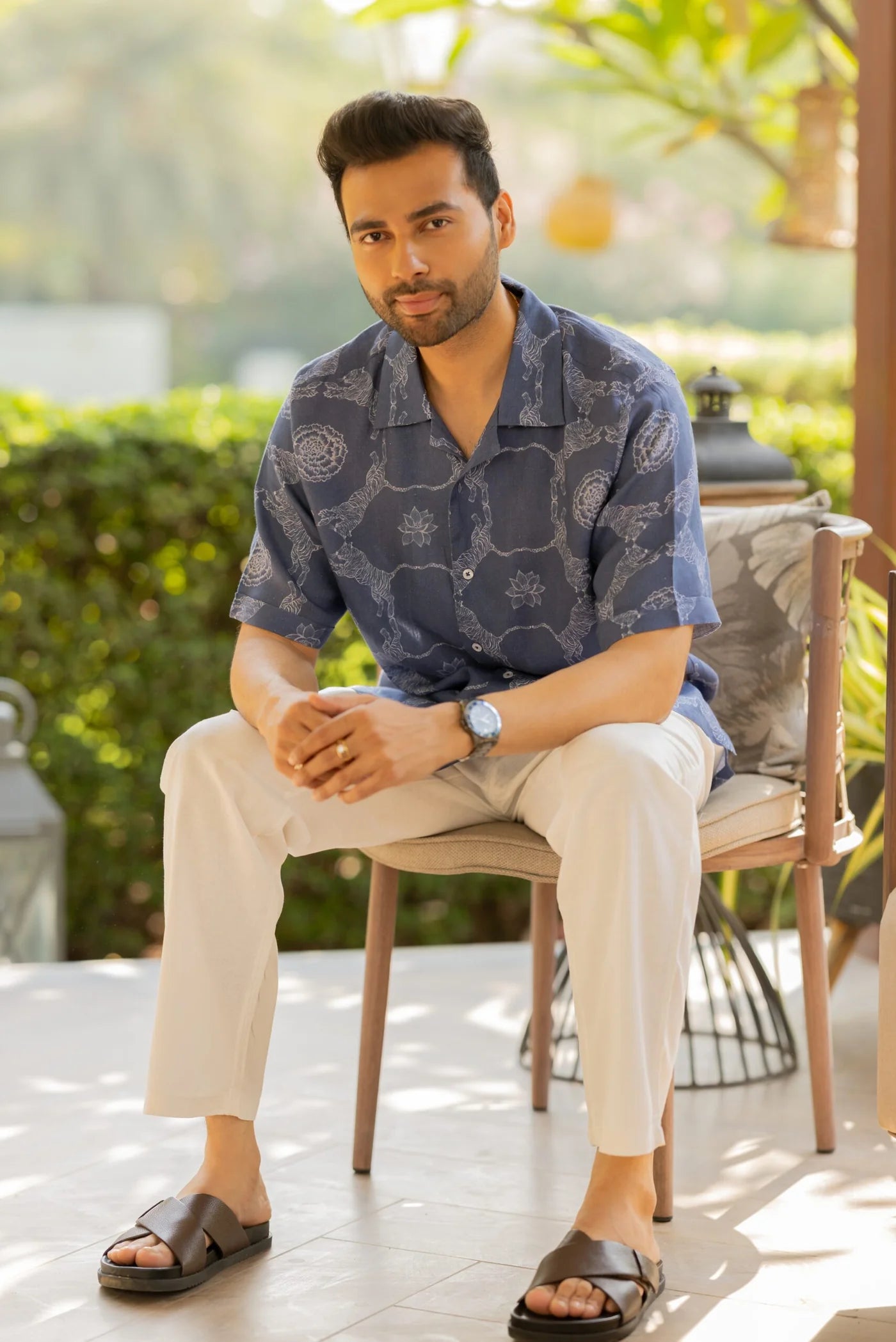 Men's Shawl Collar Shirt - Banaras - Blue Tiger