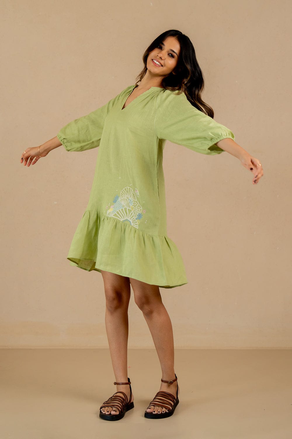 Linen Coral Raglan Short Dress - Green