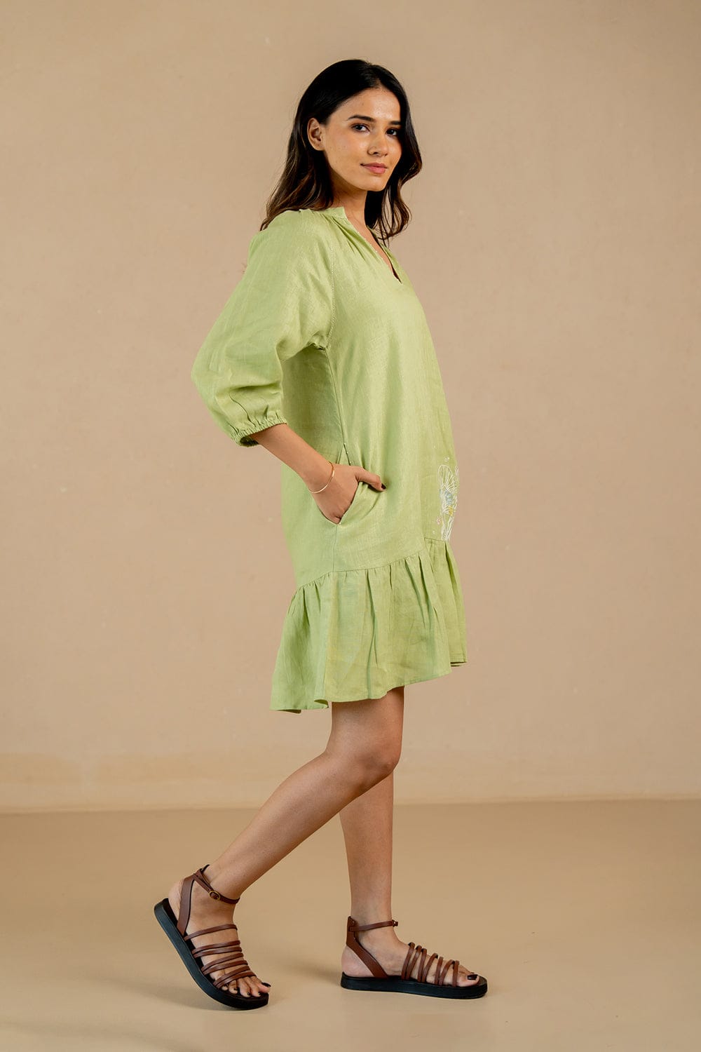 Linen Coral Raglan Short Dress - Green