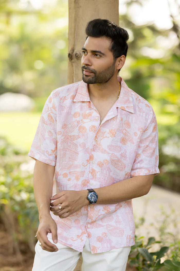 Men's Shawl Collar Shirt - Banaras - Orange