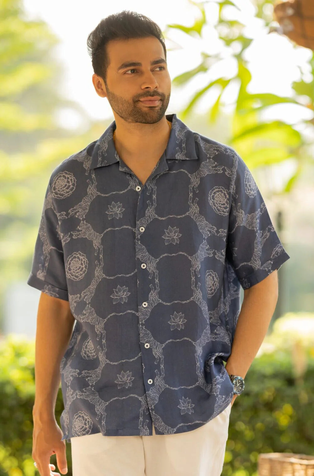 Men's Shawl Collar Shirt - Banaras - Blue Tiger