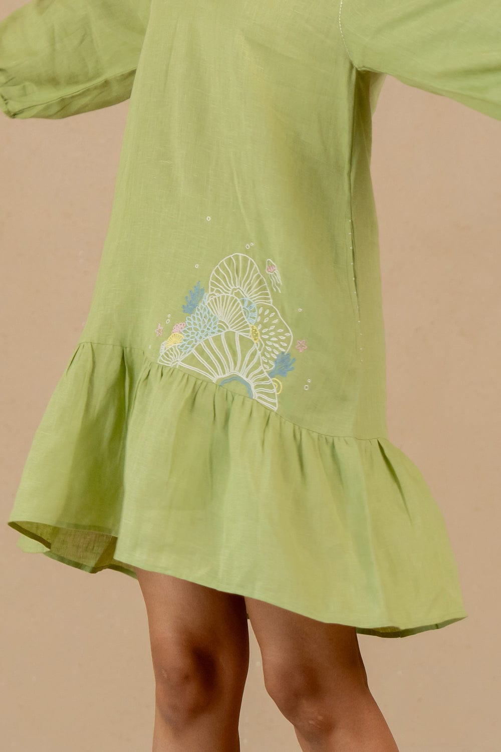 Linen Coral Raglan Short Dress - Green